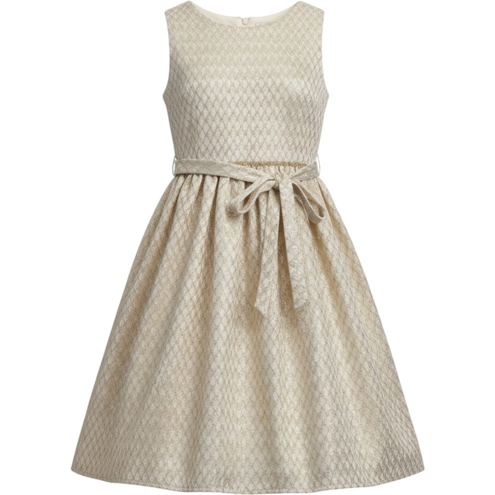Tahari Girl Gold Metallic Jacquard Rhinestone Party Dress Size 7 Holiday Wedding